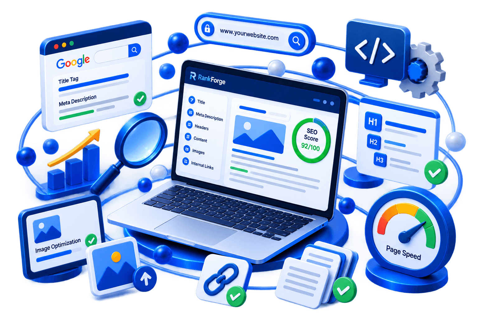 3D illustration for RankForge on-page SEO services