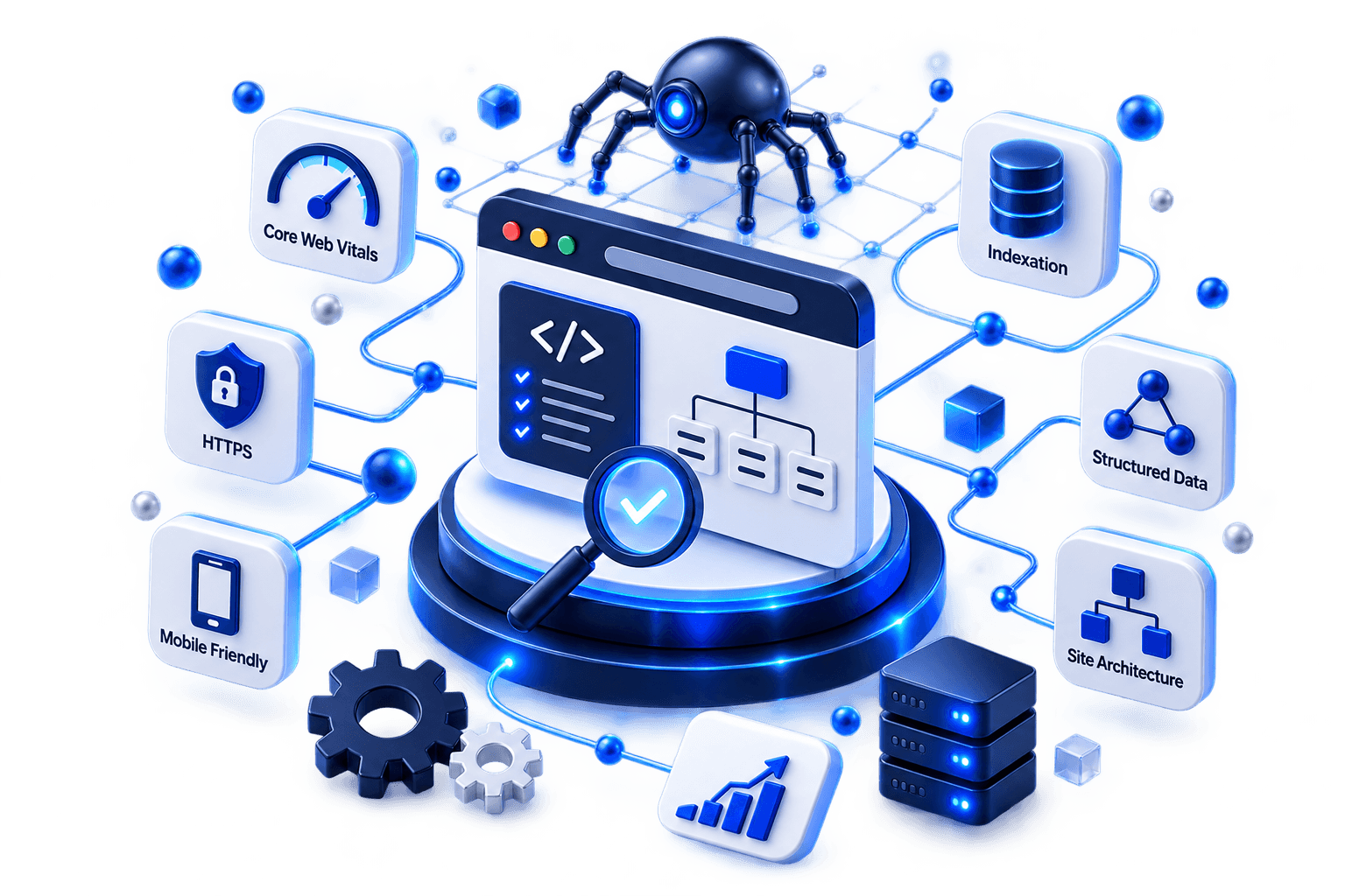 3D illustration for RankForge technical SEO services