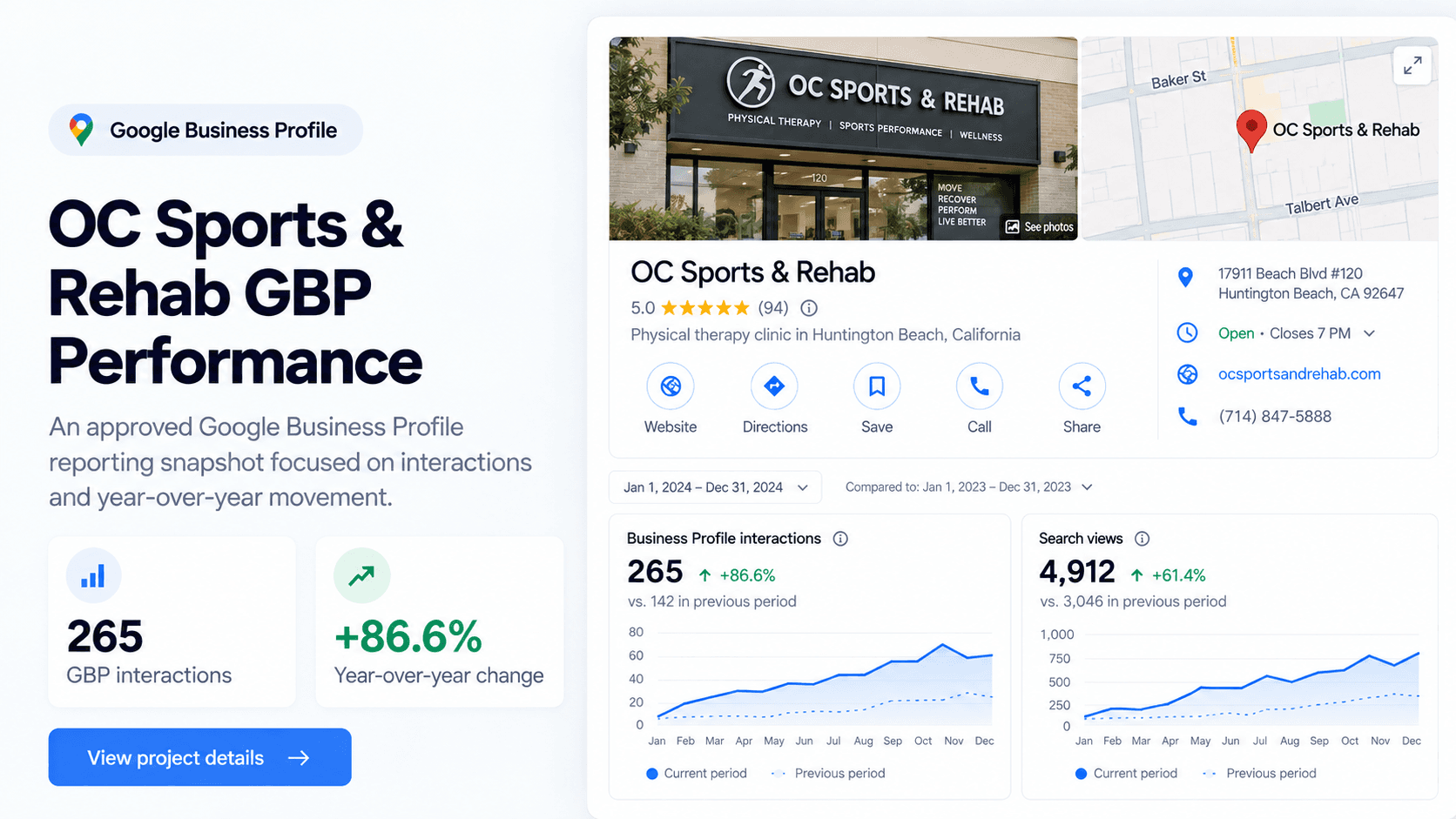 Google Business Profile performance snapshot for OC Sports and Rehab.