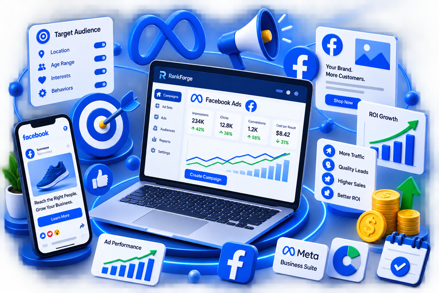 3D illustration for RankForge Facebook Ads services