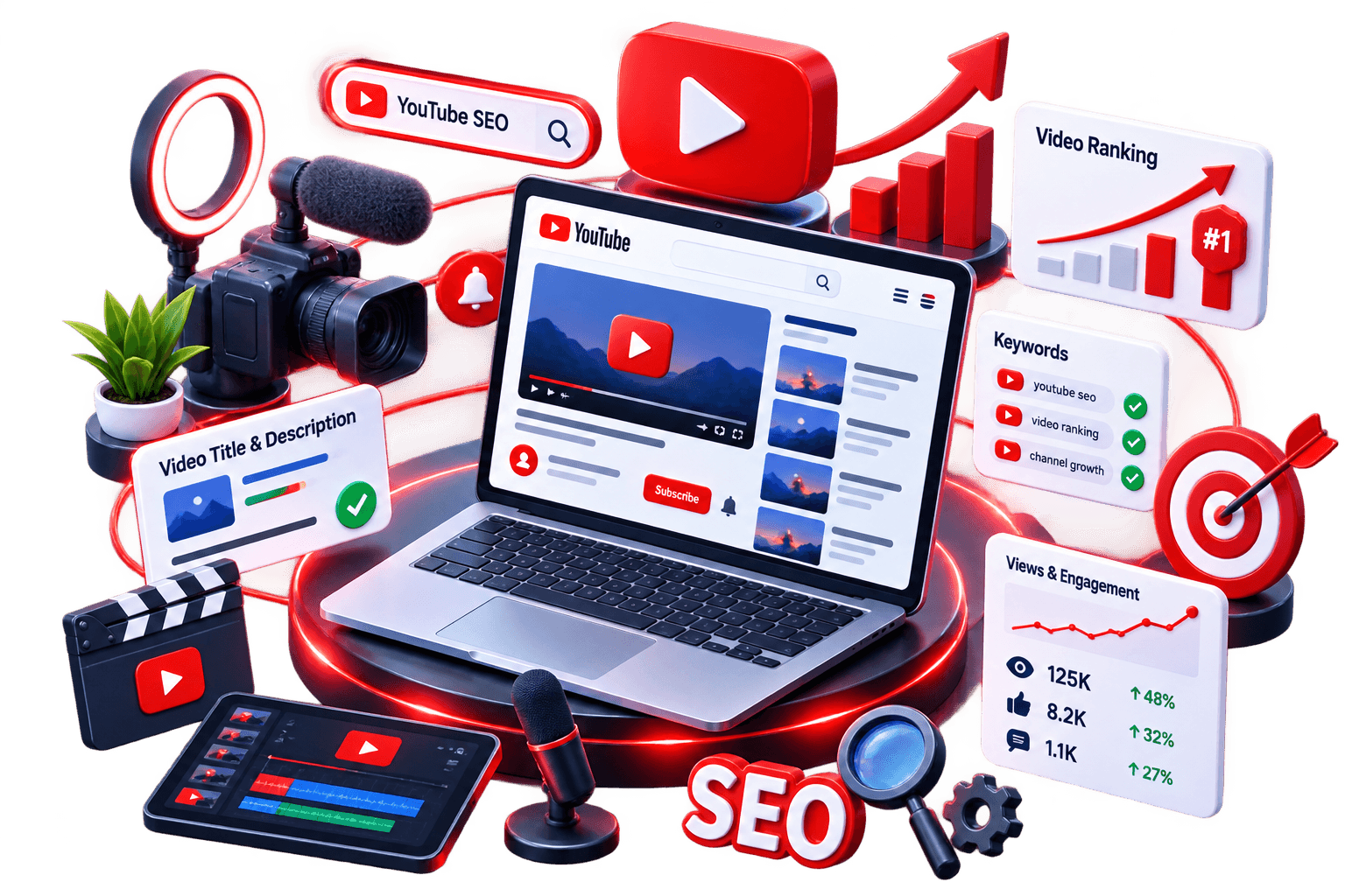 3D illustration for RankForge YouTube SEO services
